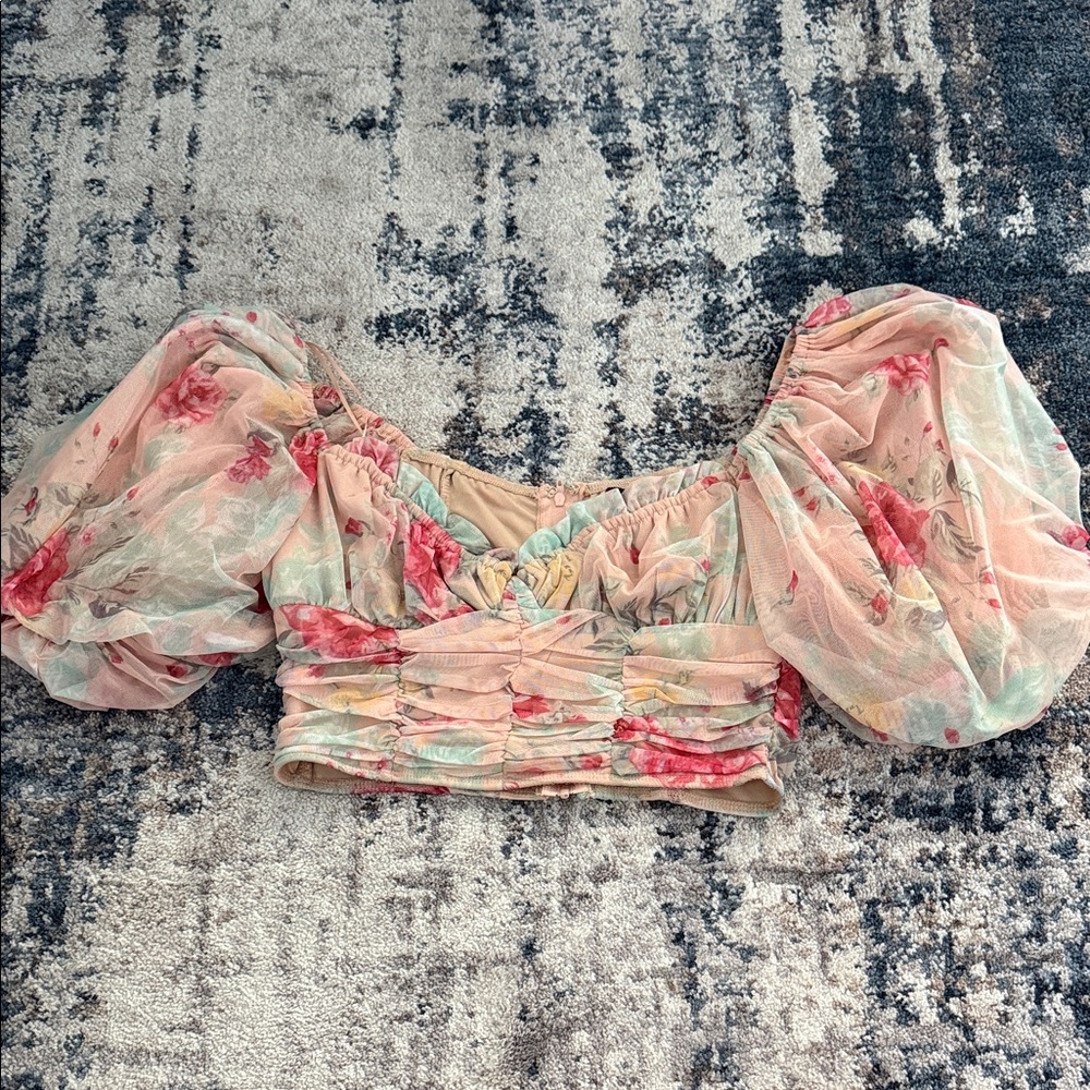 Elegant Floral Puff Sleeve Blouse - Pink and Cream